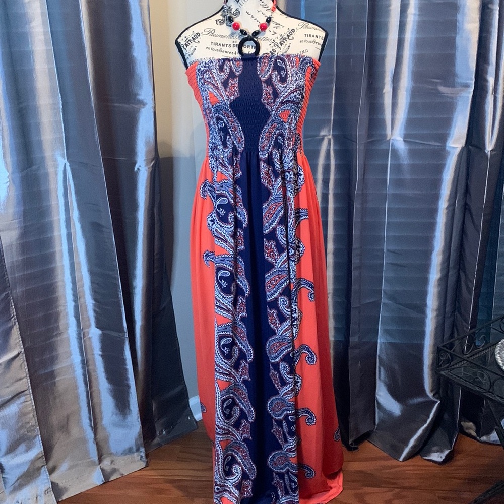 Coral and Navy Maxi Summer Dress with Beaded Halter M